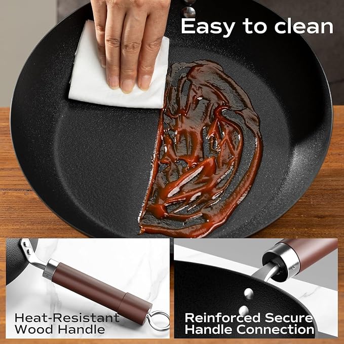 Carbon Steel Frying Pan, Pre-Seasoned 11-Inch Cooking Skillet Wooden Handle, PFAS & PFOA-Free, Nitrided Black Fry Pan for Kitchen, Camping, Chef Use - Image 8