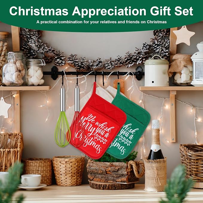 LemonRoad 12 Sets Christmas Whisk Baking Gift Set Xmas Silicone Whisks Oven Mitt Pot Holder Greeting Cards Ribbon Bags for Holiday Kitchen Utensils Cooking Supplies Neighbor Gift(Classic,Red, Green) - Image 7
