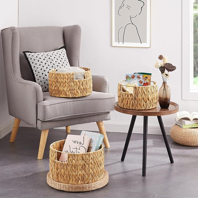Wicker Storage Basket, Hand-Woven Water Hyacinth Large Round Woven Basket With Handles, Wicker Baskets for Organizing/Storage, 3-Pack - Image 8