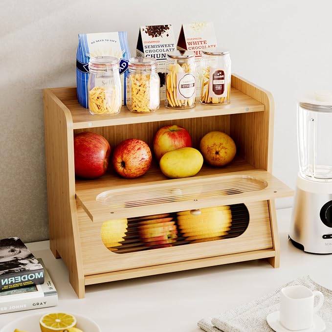 Bread Box,Extra Large 2-Tier Bamboo Bread Box for Kitchen Countertop,Bread Storage Container with Magnetic Acrylic Door for Homemade Bread,Under Cabinet,Pantry Organizer(Natural) - Image 8