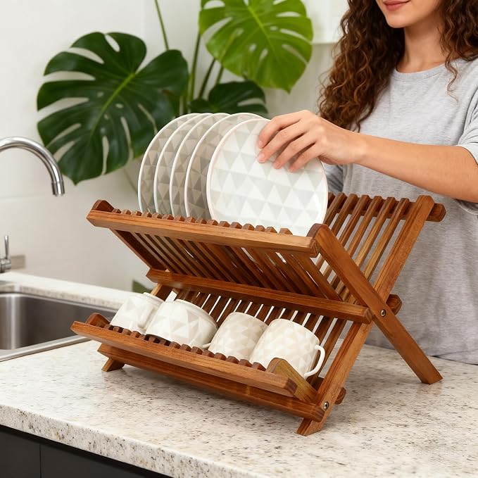 Utoplike Teak Wood Dish Drying Rack, Foldable Plate Organizer Countertop | Dishes Drainer Racks Collapsible, Small Holder for Cups, Bowls, Pans, Pots, Compact Kitchen Counter, 2 Tier, Space Saving - Image 7