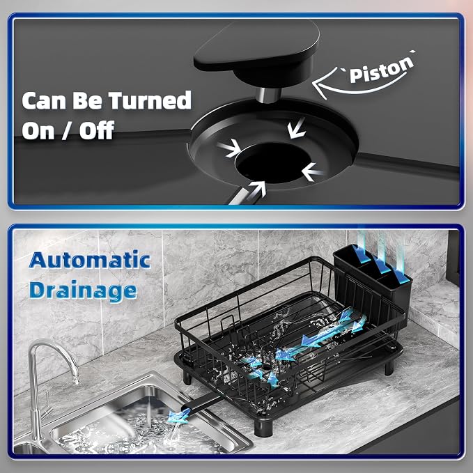 Dish Drying Rack for Kitchen Counter,Stainless Steel,Black | Space Saving,New Drain Outlet,Rotating Spout & Angled Drainboard for Quick Drainage,Removable Utensil Holder - Image 9
