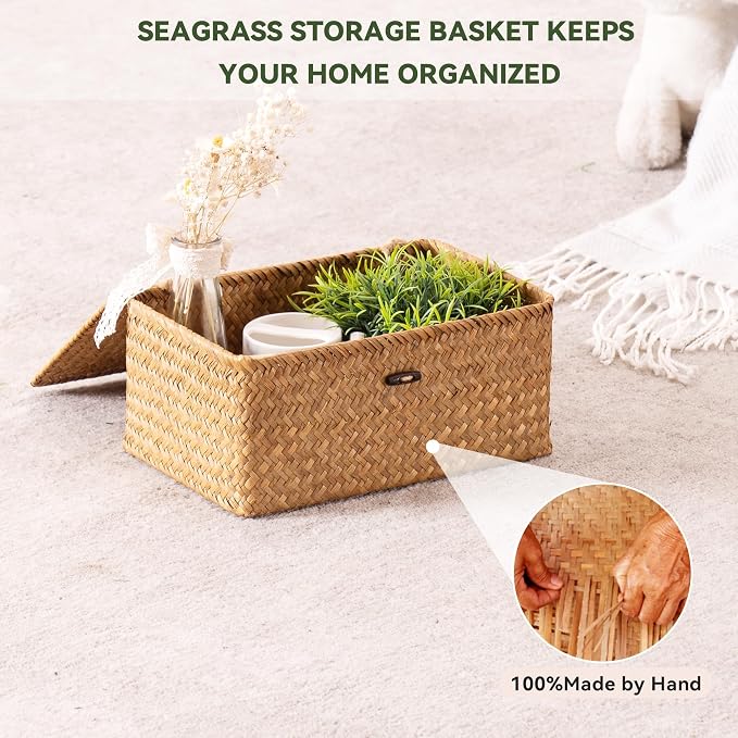 Nonam Storage Basket with Lid, Natural Seagrass Bin with Lid Set of 2, Shelf Baskets Multipurpose Container for Boho Decoration, Rectangular Household Storage Boxes for Home Organization-Natural - Image 6