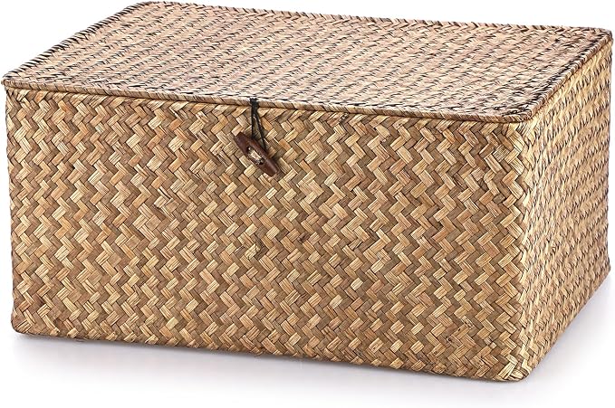 Hipiwe Wicker Shelf Baskets Bin with Lid Woven Storage Box, Coffee X-Large | Handmade Seagrass Basket Storage Bins Rectangular Household Basket Boxes for Shelf Wardrobe Home Organizer - Image 9