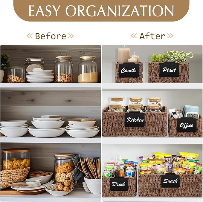 Marsui 6 Pcs Wicker Storage Baskets for Pantry Organization with Labels Handwoven Paper Rope Multi-size Brown Wicker Storage Bins for Organizing Small Baskets Container for Shelves Closet Toilet - Image 6