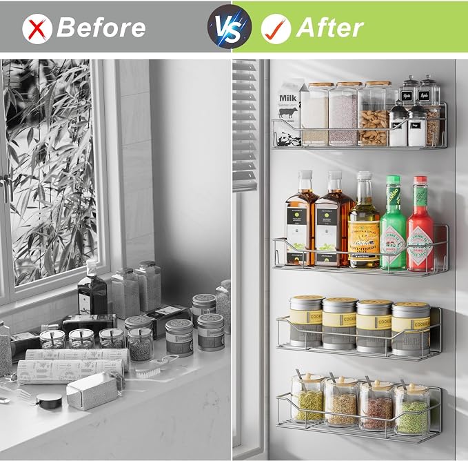 Magnetic Spice Rack for Refrigerator, 4 Pack Metal Strong Magnet Spice Organizer Shelves, Magnetic Fridge Shelf for Kitchen Seasoning Organizer Gadgets, Home Organization and Storage (Grey) - Image 7
