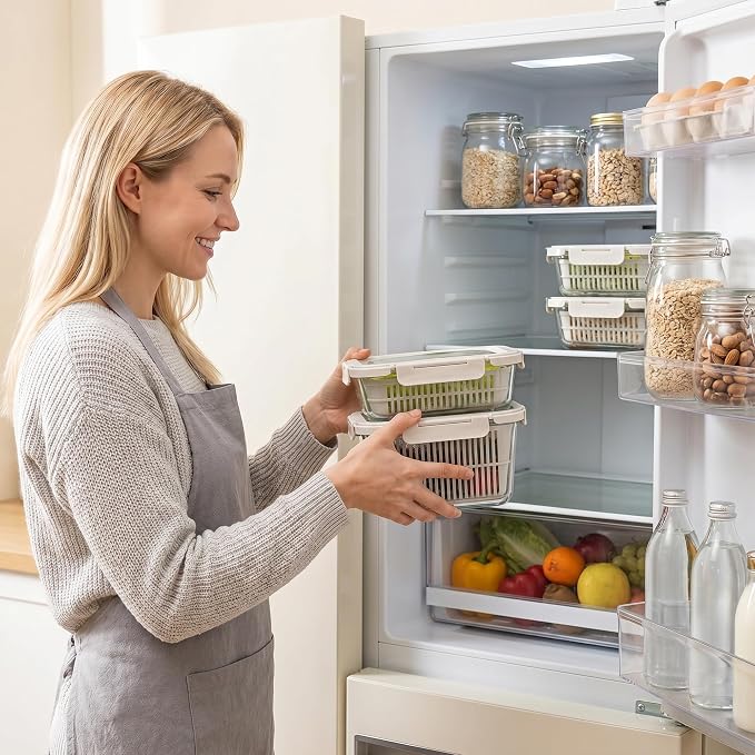 Glass Produce Storage Containers for Fridge, 2-Pack – Airtight Fruit & Vegetable Containers with Removable Colanders, Flexible Silicone Lids,LeakProof, BPA-Free Borosilicate Glass - Image 9