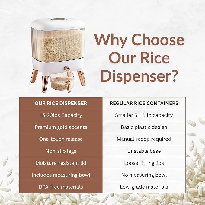 FromUS2U Rice Container, 25 Lbs Airtight Grain Dispenser, Large Cereal Dispenser Countertop for Kitchen Space-Saving Food Bin with Easy Pour Design for Pantry Organization - Image 8