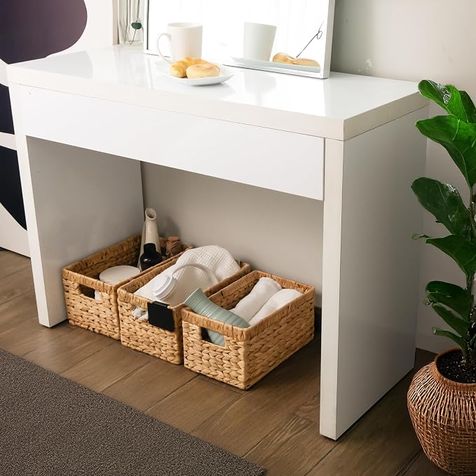 KOKODO Pack 3 Medium Wicker Storage Baskets with Handles, Stylish and Durable Water Hyacinth Rectangle Handwoven Basket Bin with Metal Frame & Handle for Room Organizing - Image 8