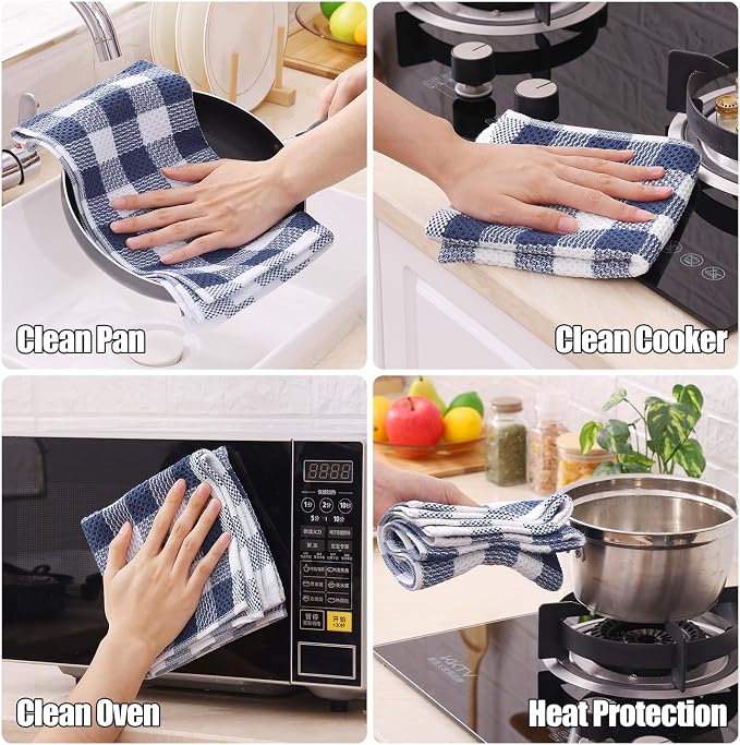 Homaxy Kitchen Towels and Dishcloths Set, Set of 8, Blue & White | Bulk Cotton Waffle Weave Check Plaid Kitchen Towels, Super Soft and Absorbent Dish Cloths, 12 x 12 and 13 x 28 Inches - Image 8