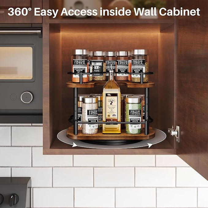 Lazy Susan Organizer Spice Rack - Spice Organization for Cabinet Height Adjustable Rotating Lazy Turntable, Pantry Kitchen Wood Revolving Seasoning Organizer (Vintage, 9 Inch) - Image 8