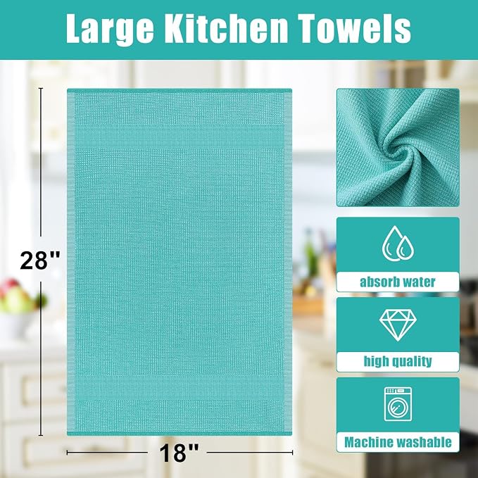 Homaxy 380 GSM Cotton Premium Kitchen Towels 3 Pack, 18"x 28", Teal | Flat and Terry Dish Towels, Highly Absorbent Tea Towel Set with Hanging Loop, Soft Utility Kitchen Hand Towels - Image 8