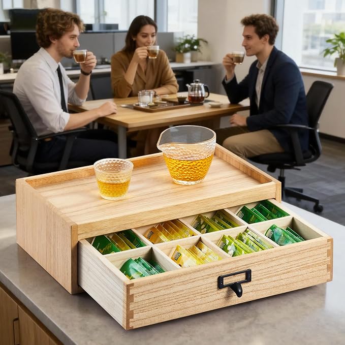 KIRIGEN Paulownia Wood Tea Storage Box, 8 Compartments, Natural CYG-NA | 8-Section Desk Cabinet Organizer with Metal Handle Stores Tea Bags, Sachets, Coffee Packets, Sugar, and Small Tea Accessories - Image 7