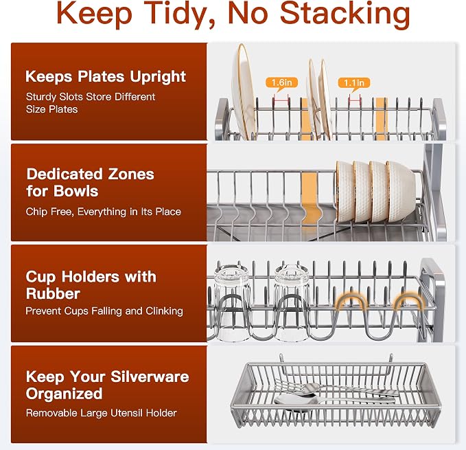 2 Tier Large Stainless Steel Dish Drying Rack for Kitchen Counter | Big Dish Drainer with Drainboard, Cup & Utensil Holder, Space Saving Rustproof Countertop Metal Plate Dryer Rack, Fast Drain - Image 9