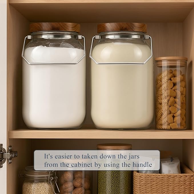 2 Pack Glass Flour Sugar Storage Containers with Handle, 1 Gallon Glass Jars with Airtight Lid, Wide Mouth Large Mason Jars 128oz for Rice, Pasta, Oats, Coffee Storage - Image 7