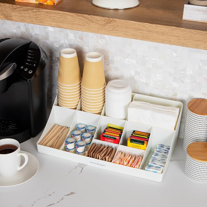 Mind Reader Cup and Condiment Station, Countertop Organizer, Coffee Bar, Kitchen, Stirrers, 17.875"L x 9.5"W x 6.625"H, White - Image 6