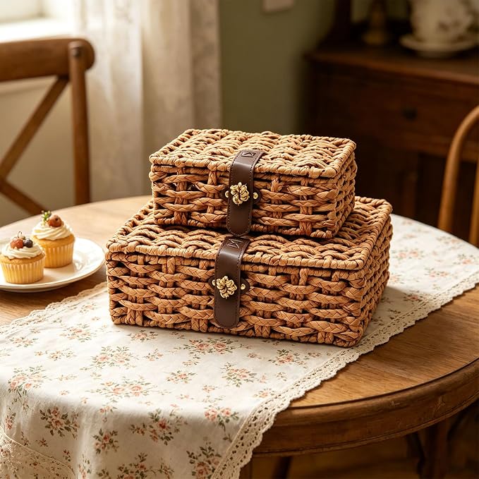 Set of 2 Seagrass Storage Boxes with Lid | Rectangular woven shelf baskets for table home decor & daily organization - Image 7