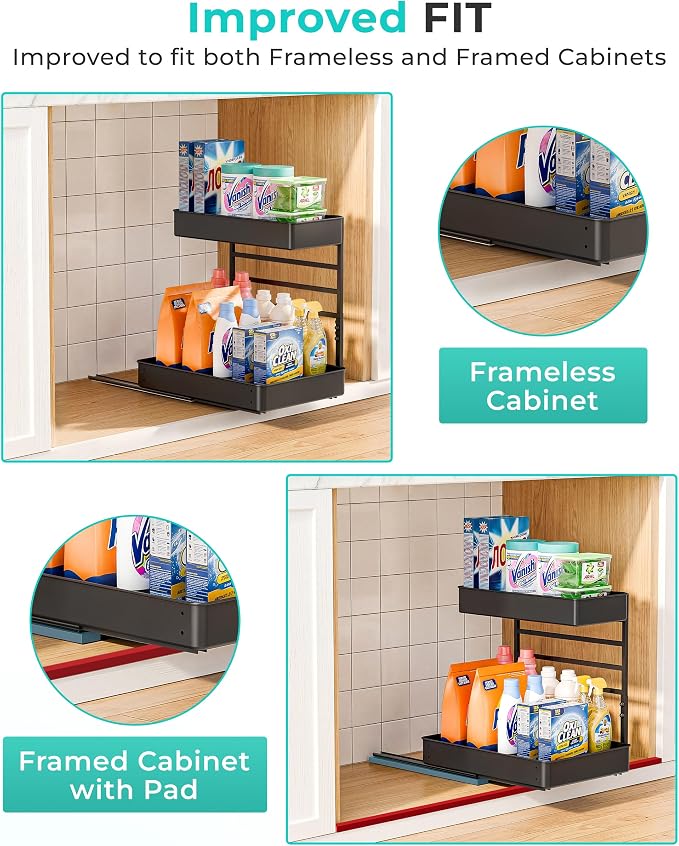EVERIE Height Adjustable 2 Tier Metal Pull Out Slide Shelf Organizer for Under Sink Cabinets in Kitchen, Bathroom, with Snap-on Top Tray, 16" Deep (Black, 2 Sets) | Pull Out - Image 9