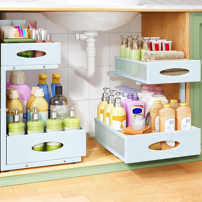 Under Sink Organizer, 2-Pack Pull Out Cabinet Organizer 2 Tier Metal Slide Out Storage Shelf Rack, L-Shaped Adjustable Height,Mesh Sliding Drawer for Kitchen, Bathroom, Laundry, Pantry, Blue, XL by Kitstorack