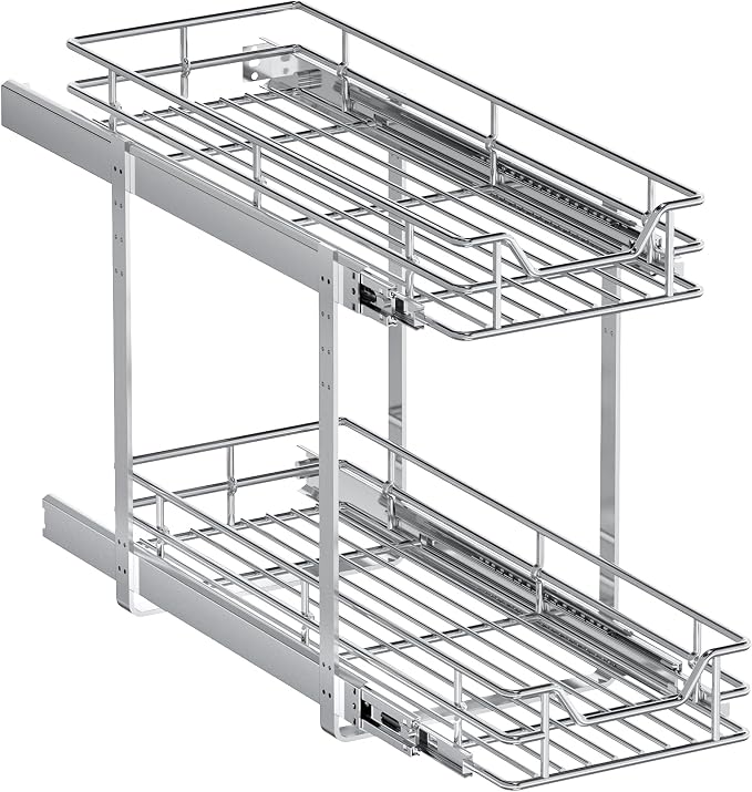2-Tier Pull Out Cabinet Organizer, 9" W x 21.5" D, Heavy Duty Dual Slide Out Shelves for Narrow Base Cabinets, Chrome Wire Basket Drawer for Spices, Bottles & Snacks - Image 9