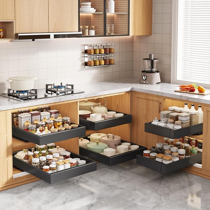 Seinloes 2 Pack Pull Out Cabinet Organizers 21" Deep With Raising Pad for Framed Cabinets, Expandable Width (9"-14") Slide Out Drawers Upgrade 3 Slide Rails, Roll Out Shelves Adhesive, Black - Image 7