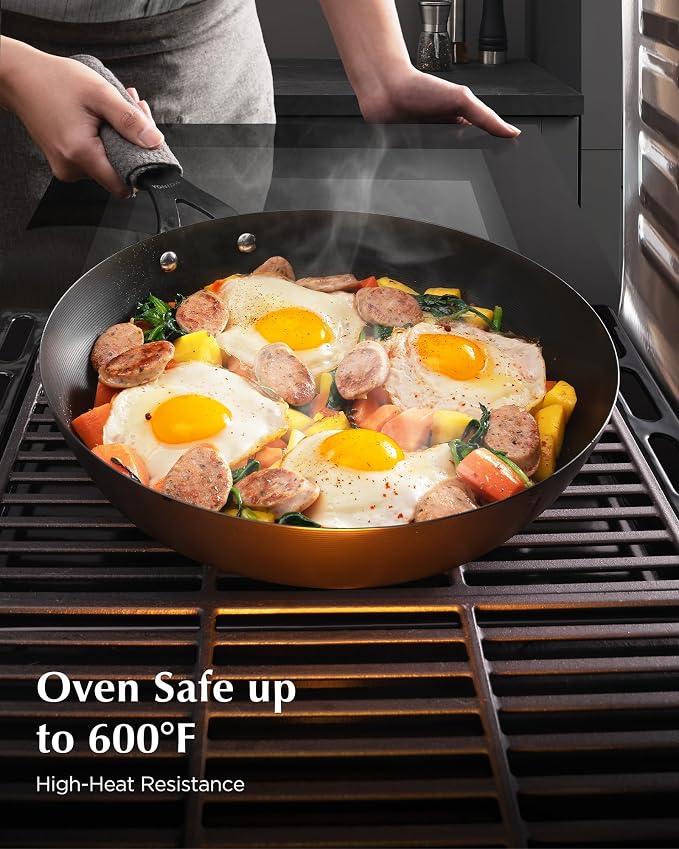 Carbon Steel Pan, 12 Inch Nonstick Frying Pan Skillet | Pre-Seasoned Carbon Steel Cookware with Removable Silicone Handle Holder, Indoor/Outdoor, Induction & Oven Safe - Image 7