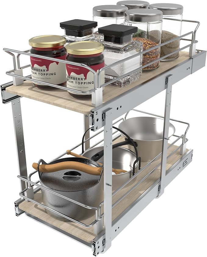 2 Tier Pull Out Cabinet Organizer 11.06" W X 22" D, Wood & Chromed | Full Slide Out Drawers For Kitchen Cabinets, Cabinets Capacity Heavy Duty Caddy, Cabinet Pullout Shelves , Pantry Storage - Image 8