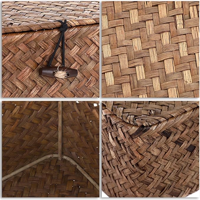 Hipiwe Wicker Shelf Baskets Bin with Lid, Handwoven Seagrass Storage Boxes | Rectangular Household Basket Boxes for Shelf Wardrobe Home Organizer, Coffee X-Small - Image 7