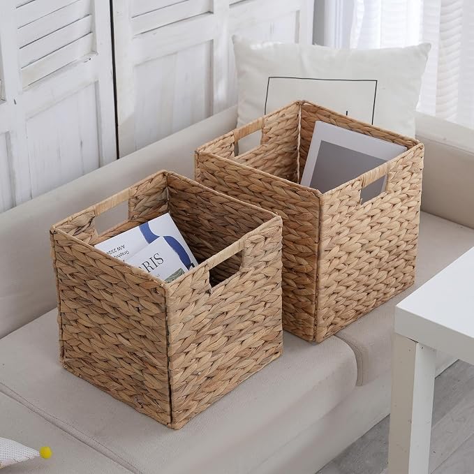 Wicker Storage Baskets, Foldable Cube Bins, 11.2 Inch, 4-Pack | 4-pack foldable 11.2" water hyacinth wicker cube baskets; collapsible storage bins for shelves, closets, offices and home. - Image 7