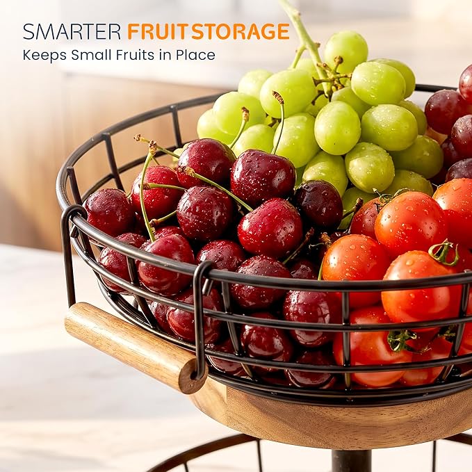 2 Tier Fruit Basket with Banana Hanger, Metal Fruit Bowl Stand with Wooden Base, Kitchen Counter Fruit Organizer for Vegetables, Bread, Snacks Storage Basket - Image 7
