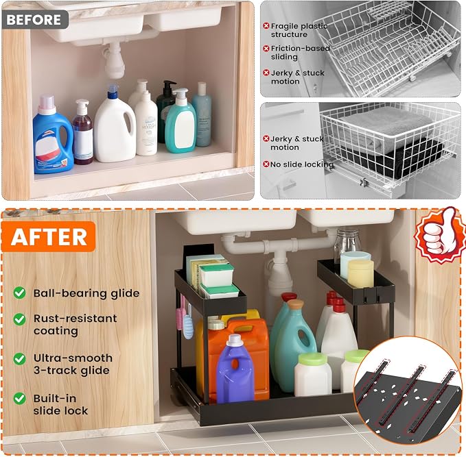 Expandable Under Sink Organizers and Storage,Width Adjustable (14.9-23.6IN),No Drill 2-Tier Pull Out Under Cabinet Organizer for Kitchen Bathroom Laundry (black) - Image 8