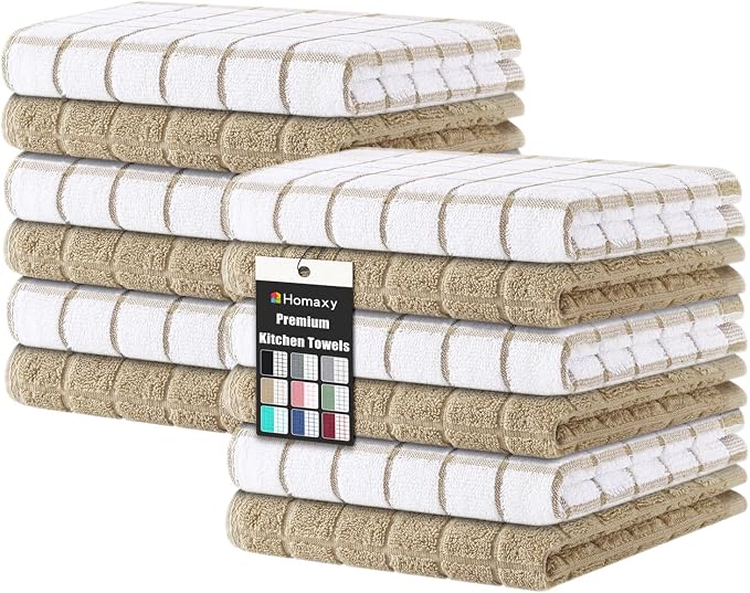 Homaxy Premium Cotton Kitchen Dish Cloths 12"x 12", 12 Pack, Tan | Natural Ring Spun 390 GSM Dish Rags, Super Absorbent Terry Dish Towels, Soft Dishcloths with Hanging Loop by Homaxy