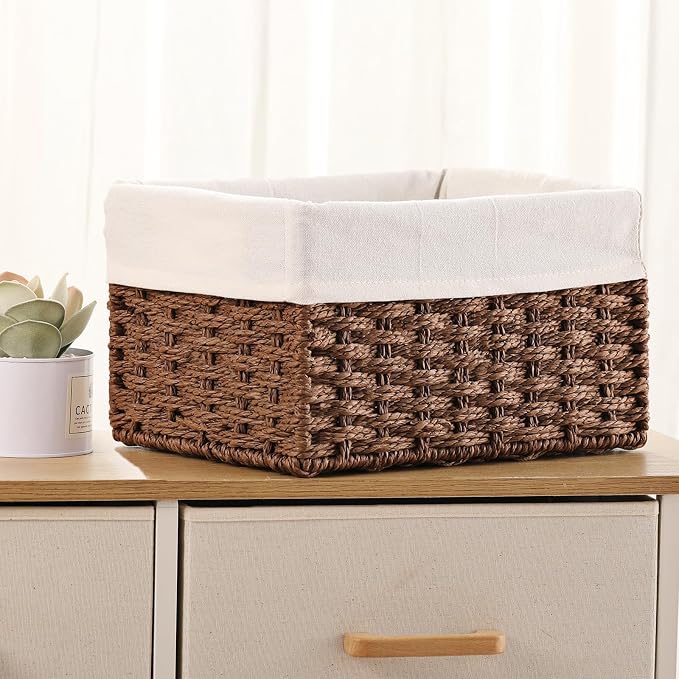 Wicker Basket, Set of 3 Hand-woven Storage Baskets for Organizing, Decorative Rectangle Wicker Storage Basket Bins with Handles, Small Toilet Paper Storage Baskets for Shelves & Decor, Brown - Image 7