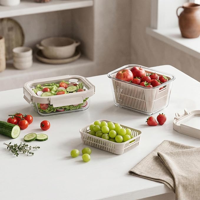 Glass Fruit Storage Containers for Fridge, 2 Pack Produce Containers with Removable Colanders & Vent Glass Lids, Airtight Fruit & Vegetable Storage, BPA Free Borosilicate Glass - Image 8