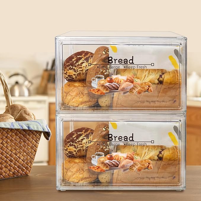 RISICULIS 2PCS Large Bread Box for Countertop, Stackable Double Layer Storage Container, Clear Boxes for Kitchen Counter, Bread Keeper for Homemade Bagel, Muffins, Rolls | Large Capacity Stackable Double Layer, Clear Boxes for Kitchen Counter, Bread Ke... - Image 6