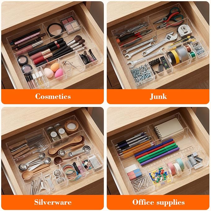 Large Acrylic Desk Deep Drawer Organizer with Adjustable Dividers, Anti-skip Clear Desk Top Junk Drawer Storage Tray for Pens, Desktop, Office, Bathroom, Kitchen, Makeup Supplies(7 Compartments) - Image 6