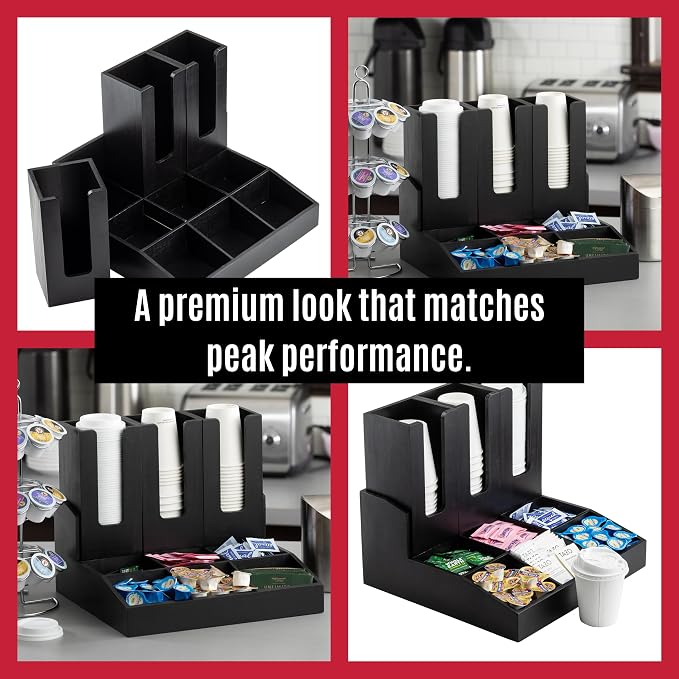 Tablecraft 12690 Coffee Condiment Organizer, 9 Compartments with 3 Removable Cup/Lid Holders, Bamboo Wood Painted Black, Ideal for Cafes, Breakfast Buffets, and Restaurants - Image 8