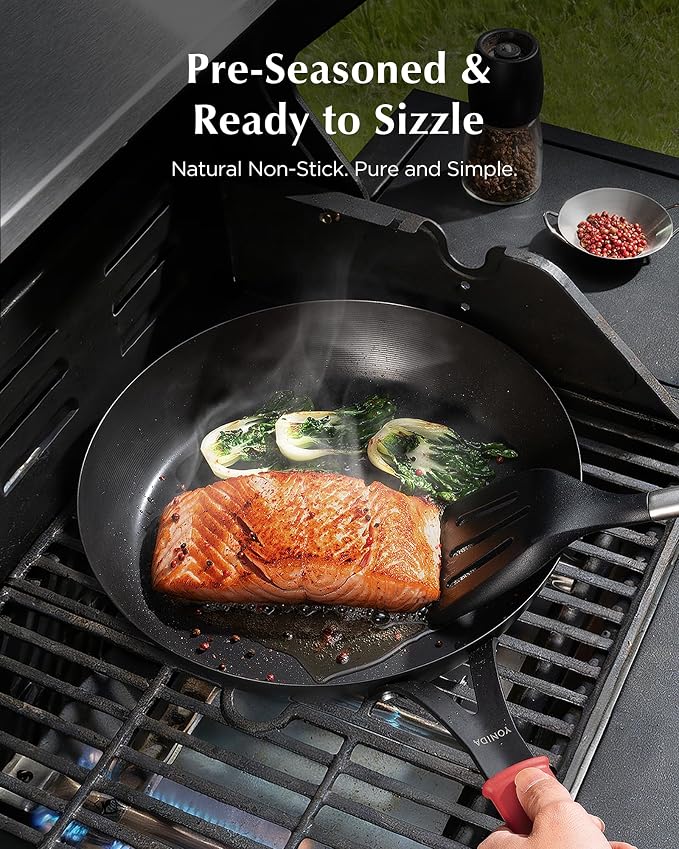 Carbon Steel Pan, 10 Inch Nonstick Frying Pan Skillet | Pre-Seasoned Carbon Steel Cookware with Removable Silicone Handle Holder, Indoor/Outdoor, Induction & Oven Safe - Image 7