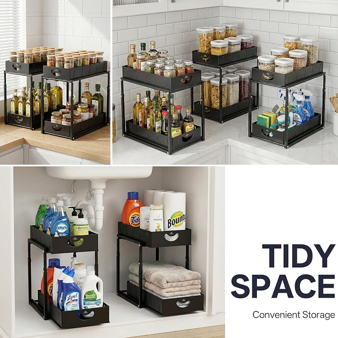 Adjustable Under Sink Organizer, 2 Tier Under Sink Organizers and Storage,Slide Out Metal Cabinet Organizers, Pull Out Cabinet Storage Drawer Shelf for Kitchen Bathroom (2, black) - Image 7