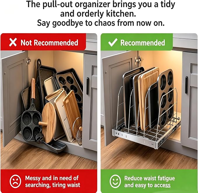 Pull Out Baking Pan Organizer for Cabinet, Cookie Sheet, Cutting Board, Tray Organizer for Cabinet, Adjustable, 22.5"D x11"H x 13"W, Pull/Slide Out Organizer-Heavy Duty, Chrome steel, 50-Year Warranty - Image 6