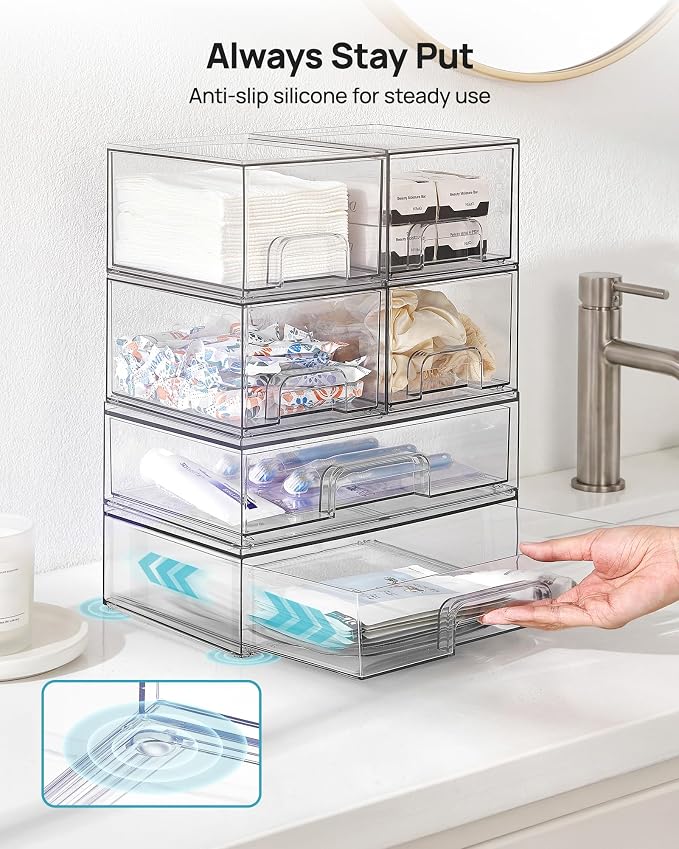 Vtopmart Stackable Storage Drawers Set of 6, Clear Plastic Organizer Bins for Bathroom Supplies, Ideal for Cabinet,Shelf, Pantry, Laundry Room Organization - Image 7