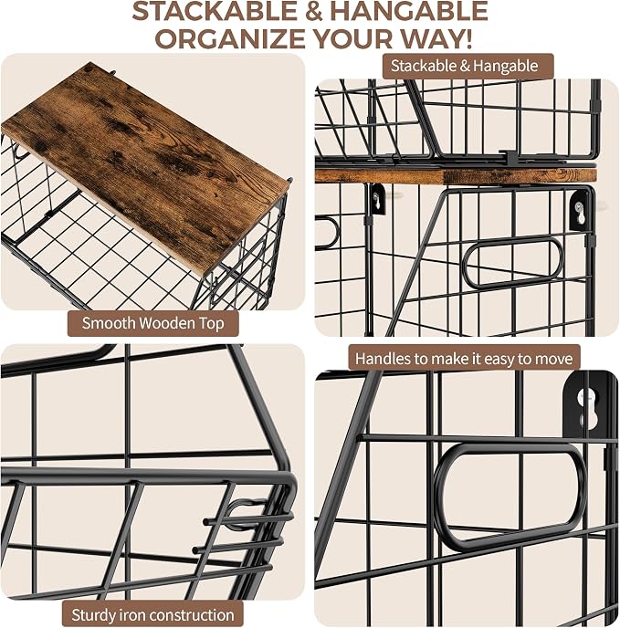 Delamu Stackable Metal Fruit Basket with Wood Lid 2 Pack, Hanging Wall Organizer for Kitchen Counter, Pantry Storage for Onions, Potatoes, Garlic, Fruits, Spices, Black - Image 8