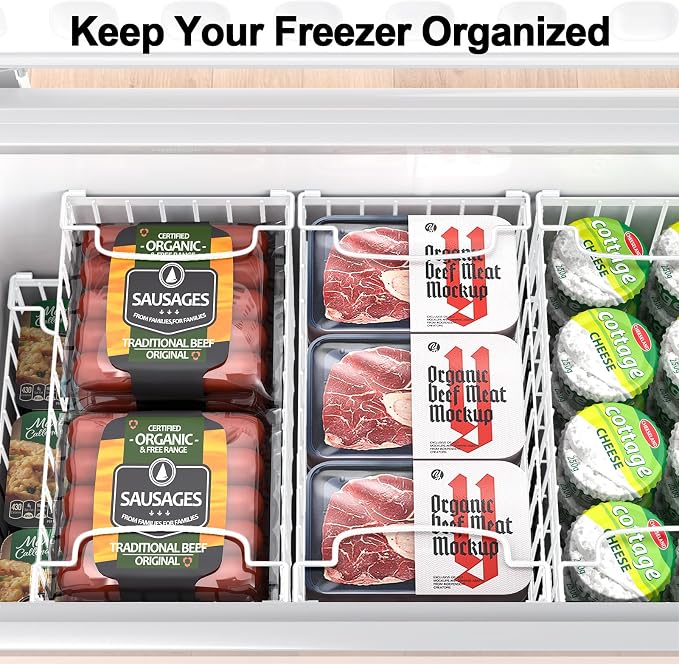 Freezer Organizer Bins, 4 Pack Big Baskets for 5/ 7 Cu.FT Deep Freezer | Stackable Chest Freezer Organizer Bins, Foldable Baskets with Handles, White Storage Container Baskets for Sort Frozen Meats - Image 8