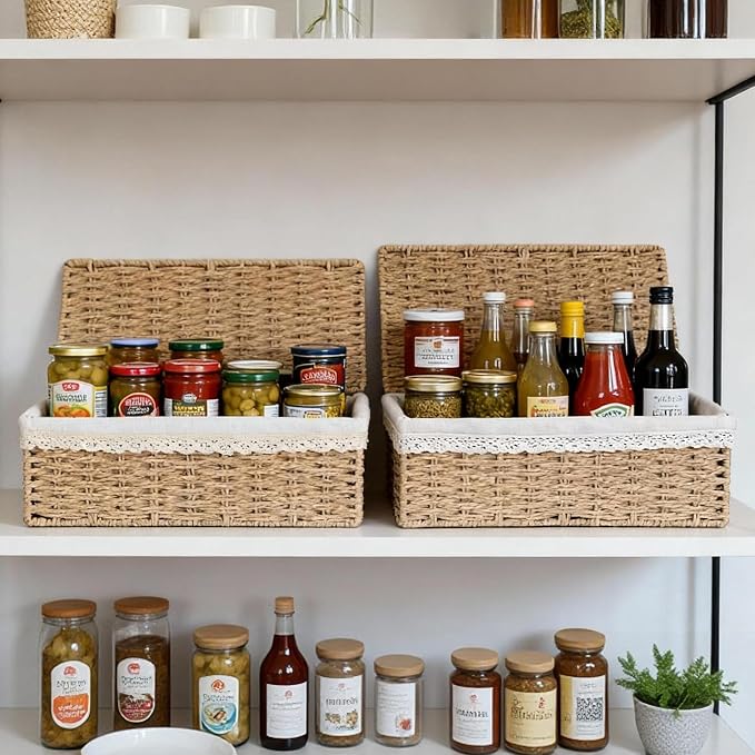 Nonam Large Basket with Lid set of 3, Rattan Divided Baskets Organizer for Shelf, Natural Wicker Storage Basket Bins for Closet, Boho Shelf Decor Covered Basket Home Storage Container - Image 7