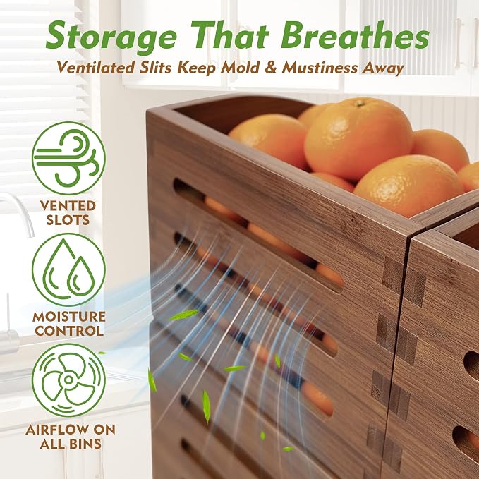 Stackable Bamboo Produce Storage Bin with Ventilation & Handles | 3 Pack, Walnut Wood Finish, Holds Root Crops, Fruits & Bread, Great For Pantry, Home And Hotel Kitchen Storage - Image 7
