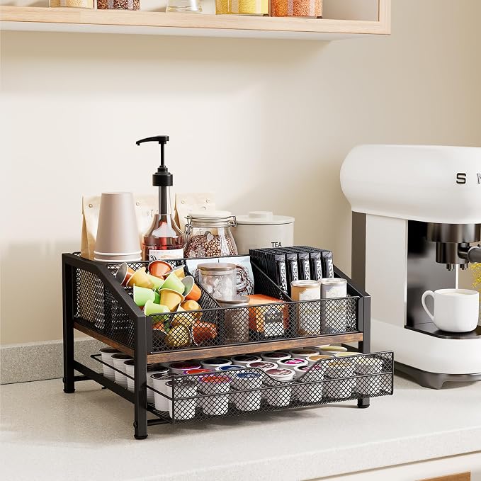 Coffee Bar Organizer - Coffee Station for Countertop, Metal and Wood K Cup holder Storage Basket with Drawer for Syrup, Cups, Stirrer, Condiment, Tea Organizer, Brown - Image 8