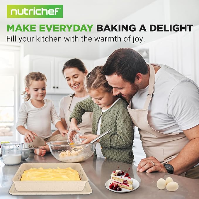 NutriChef 8-Piece Stackable Bakeware Set | Carbon Steel Non-Stick Baking Pan Set | Includes Sheet, Muffin, Round, Loaf, Square Cake & Deep Pans | No PFOA & PFOS | Oven Safe to 450 F | Marble Cream - Image 7