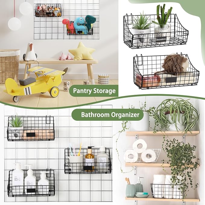 Blulu 4 Pcs Black Grid Wall Baskets, Metal Wire Wall Basket with Hooks Hanging Storage Organization Accessory for Vendor Trade Shows Kitchen Bathroom Pantry Supplies(11 x 6 x 5 Inch) - Image 7
