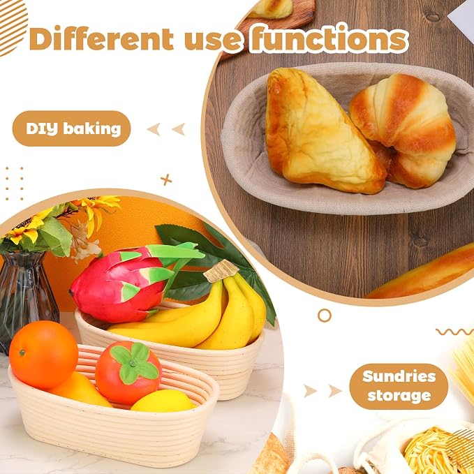 4 Pieces Oval Bread Banneton Proofing Basket 10 Inch Rattan Sourdough Bread Baskets Banneton Dough Proofing Bowls with Liners and Scatters for Home Sourdough Baking(Oval) - Image 6