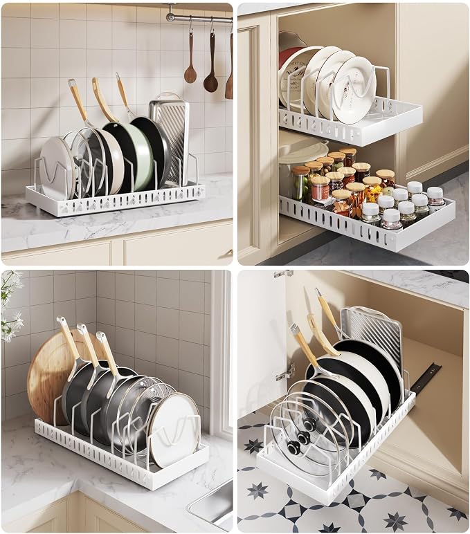Lozovin Pull Out Pots and Pans Organizer Under Cabinet, Sliding Lid Holder and Pan Rack in Kitchen, Slide Out inside Cabinet Storage for Pot Lid, Bakeware, Dishes, 8 Adjustable Dividers, 2 Pack White - Image 7
